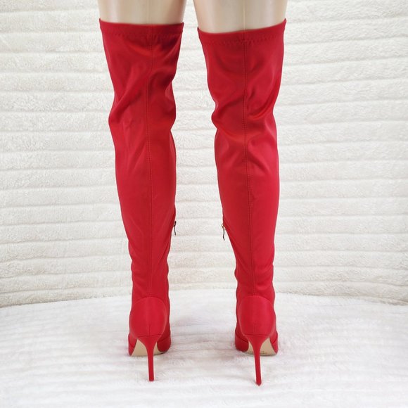 Vicky Bright Red Open Square Toe Stretch Thigh High Heel Sock Boots - Picture 3 of 6